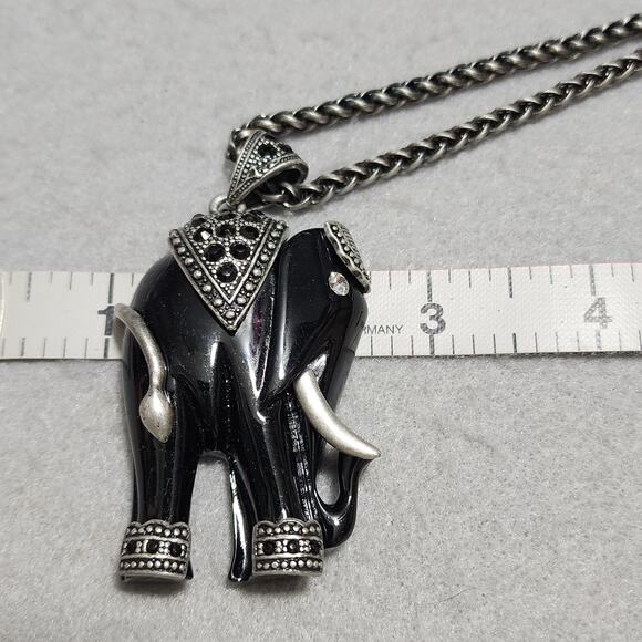 Black Enamel Silver Tone Elephant Necklace Rhinestone Marcasite Accents Vintage - Picture 12 of 12